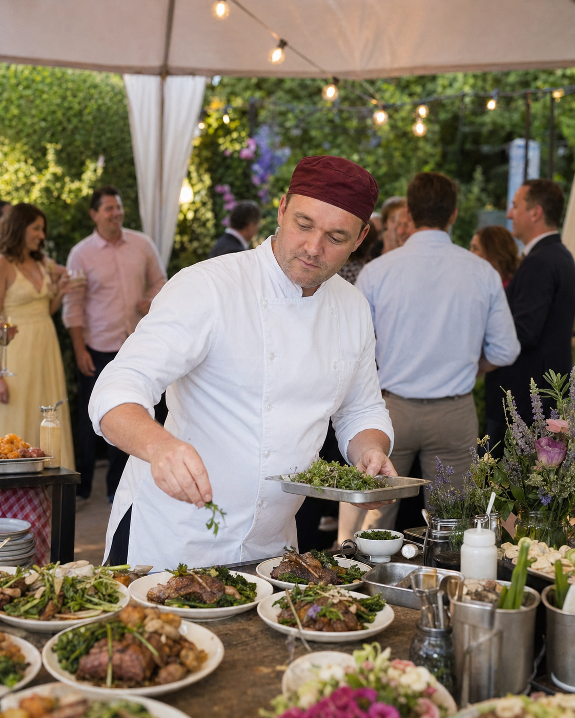 Havefest med lys, gæster og servering