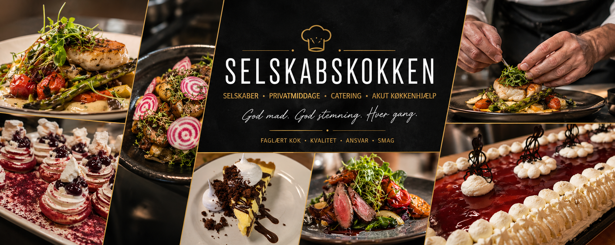 Selskabskokken collage med selskabsmad, catering og desserter