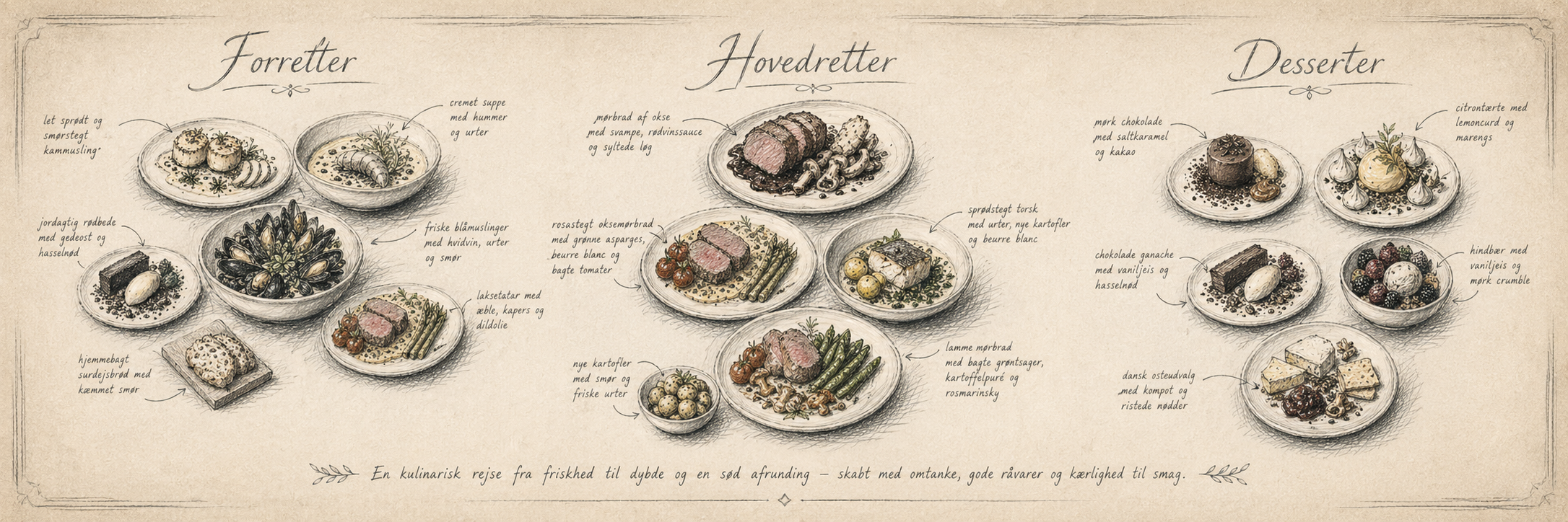 Tegnet menubanner med forretter, hovedretter og desserter